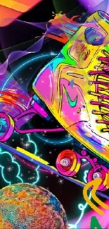 Vibrant neon roller skate digital art on colorful background.