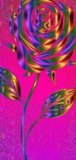 Vibrant neon rose with artistic flair and bright colors on a magenta background.