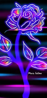 Vibrant neon rose on a dark background, glowing with colorful accents.