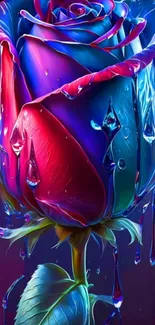 Vibrant neon rose with colorful hues and vivid water droplets on petals.