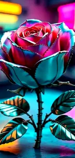Vibrant neon rose with glowing petals on a digital art background.