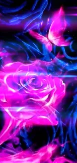 Neon rose and butterfly art on dark blue background.