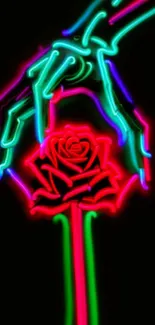 Vibrant neon rose and hand design with bold colors on a black background.