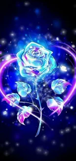 Vibrant neon rose with glowing leaves and a magical design.