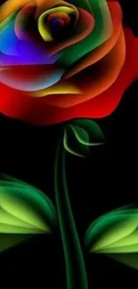 Vibrant neon rose digital art with colorful glow on black background.