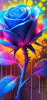 Vibrant blue rose with neon graffiti background.
