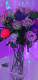 Neon rose bouquet in a vase with glowing purple hues.