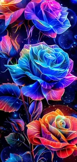 Vibrant neon roses on a starry dark background.