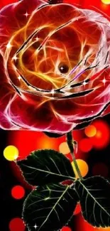 Glowing neon rose against dark backdrop with vibrant colors.