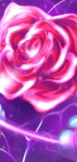 Neon pink rose glowing against a vibrant purple background with blue leaves.