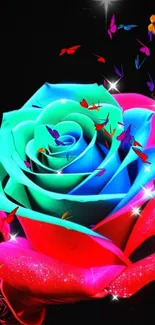 Vibrant neon rose with colorful butterflies on a black background.