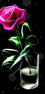 Glowing neon rose in a glass vase on a black background.