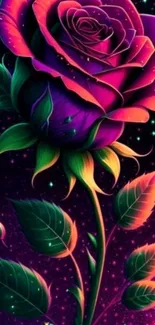 Vibrant neon rose with a cosmic backdrop.