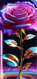 Vibrant neon rose under a glass dome.