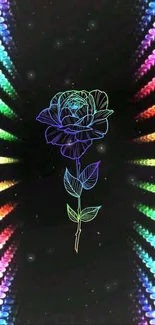 Vibrant neon rose with colorful glow on a dark background.