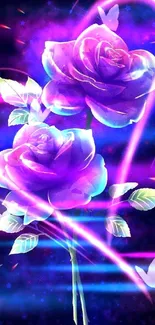 Vibrant neon roses with glowing heart design on a purple background.