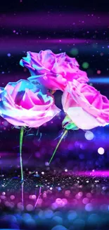 Vibrant mobile wallpaper featuring glowing neon roses with a dark background.