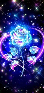 Vibrant neon blue rose amidst galaxy stars wallpaper.