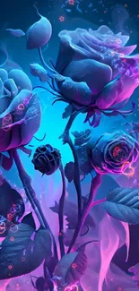 Vibrant neon rose wallpaper with blue and purple glow.