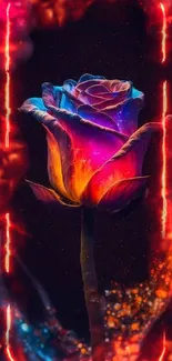 Vibrant neon rose with glowing colors on a dark background.