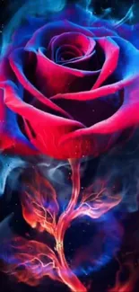 Vibrant neon blue and red rose with fiery accents.