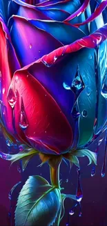 Colorful neon rose with water droplets.