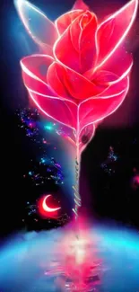 Neon rose with cosmic backdrop on a glowing mobile wallpaper.