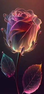 A vibrant neon rose with glowing leaves on a dark background.