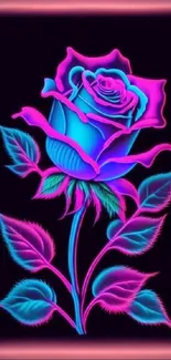 Vibrant neon rose with pink and blue hues on a dark background.