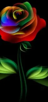 Neon rose with vibrant petals on black background.