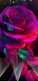 Vibrant neon rose with colorful leaves, striking against a dark background.