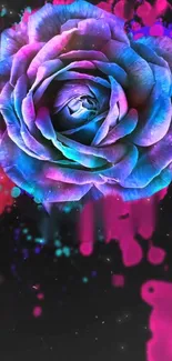 Vibrant neon rose with colorful splashes on dark background.