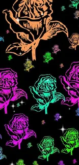 Vibrant neon roses on a black background, creating a striking floral pattern.