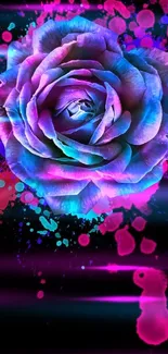 Neon rose with vibrant splashes on a dark background.