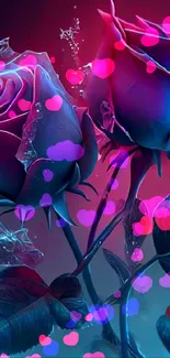 Neon blue and pink roses with glowing effect in wallpaper image.