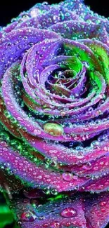 Vibrant neon rose with dew on petals against a dark background.