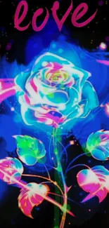 Vibrant neon rose with abstract background design.