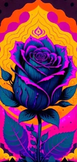 Vibrant neon purple rose on a glowing orange background.