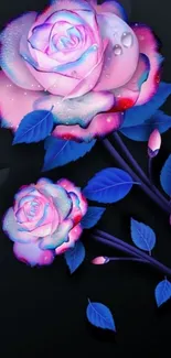 Neon roses with vibrant colors on a dark background wallpaper.