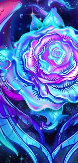 Neon rose with angel wings on a cosmic background.