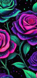 Vibrant neon roses with intricate details on a black background.