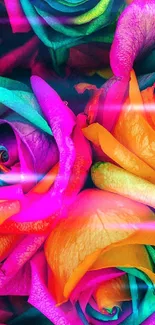 Vibrant multi-colored neon roses mobile wallpaper.