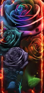 Neon roses with vibrant colors on a dark background.