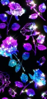 Vibrant neon roses with glowing purple and blue flowers on a dark background.