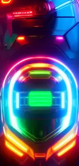 Neon-lit sci-fi helmet with vibrant colors on black background.