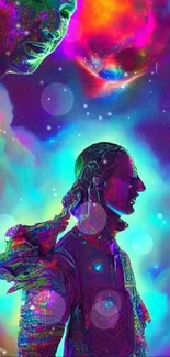 Vibrant neon wallpaper with sci-fi space explorers.