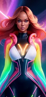 Vibrant neon sci-fi character with glowing suit on starlit background.