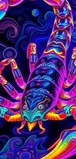 Vibrant neon scorpion with psychedelic colors.