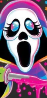 Vibrant neon scream face with colorful knife and stars