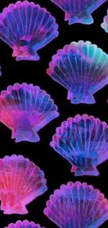 Vibrant neon seashells on dark background.